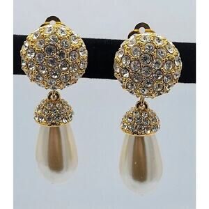 St. John Vintage Drop Pearl Pave Costume Estate Earrings Neiman Marcus Gold EUC